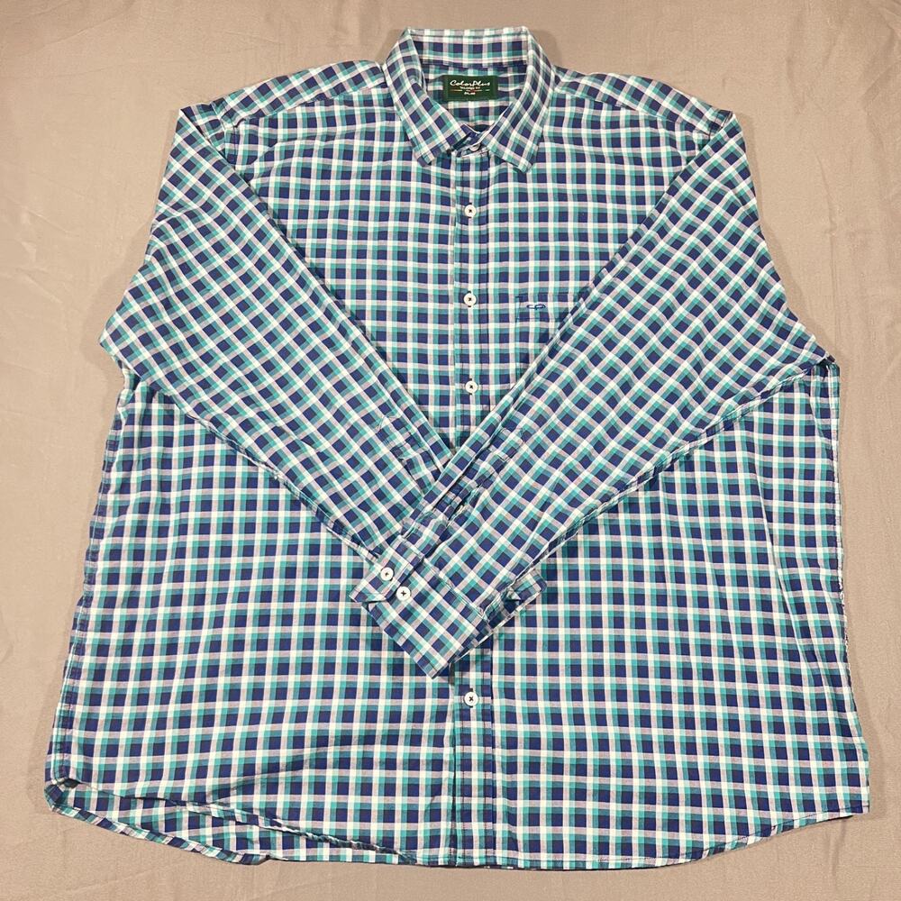 ColorPlus Mens 2XL Blue Plaid Button Up Shirt Long Sleeve Cotton Tailored Fit